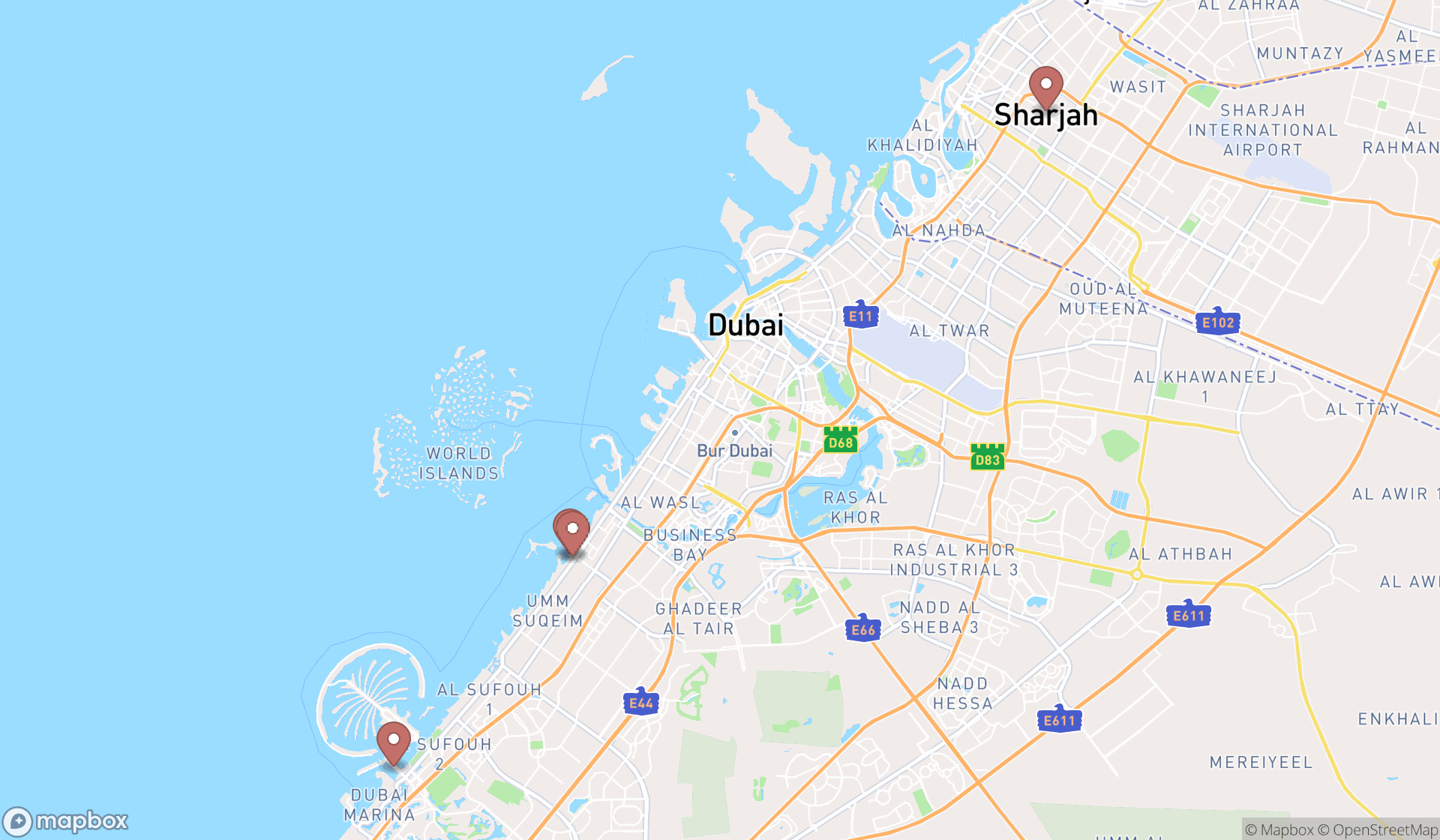Map showing the search results in Dubai