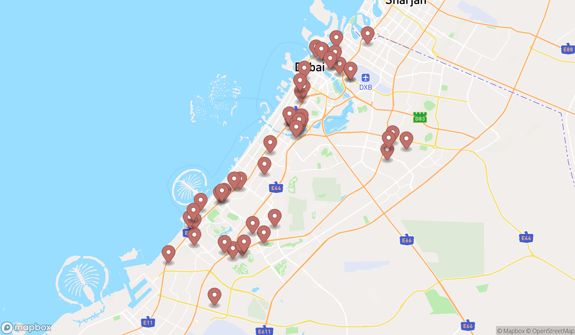 Map showing the search results in Dubai