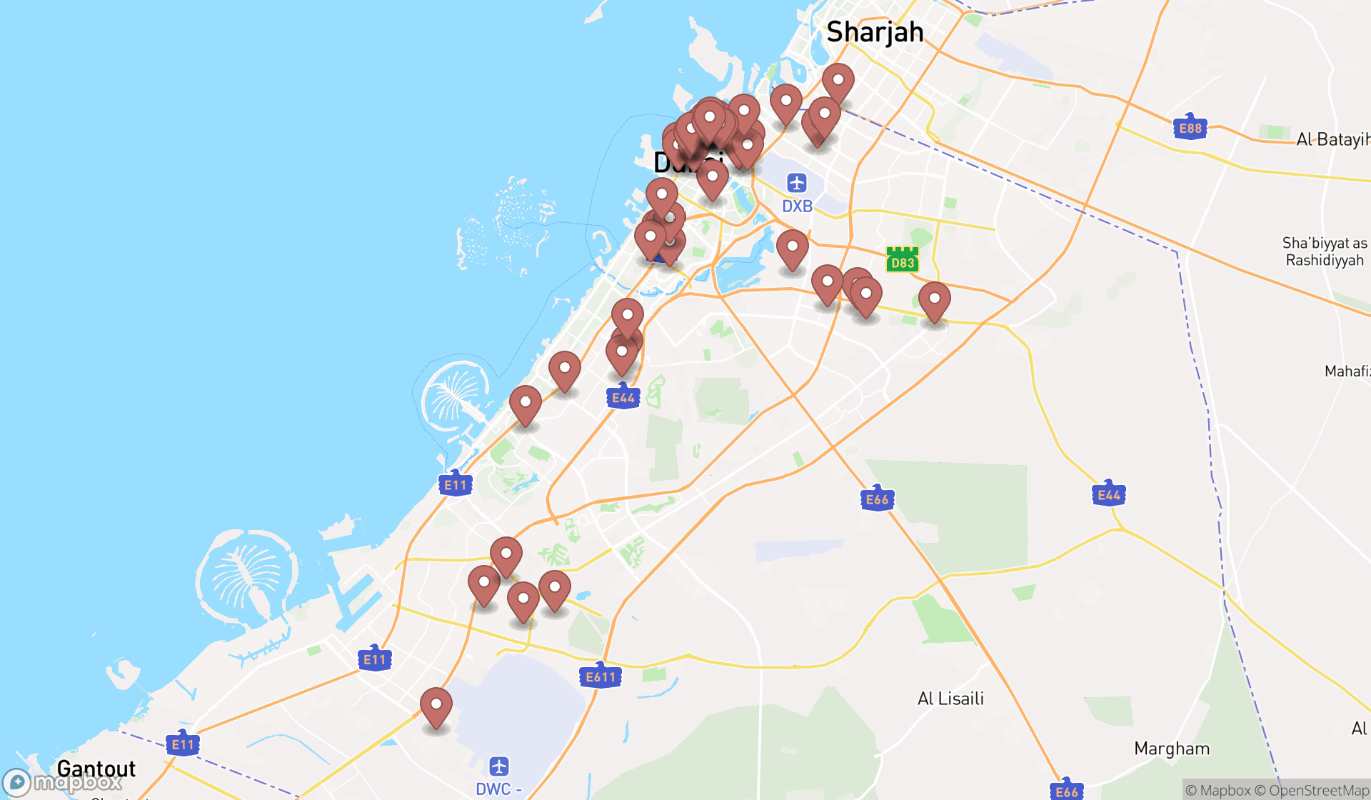 Map showing the search results in Dubai