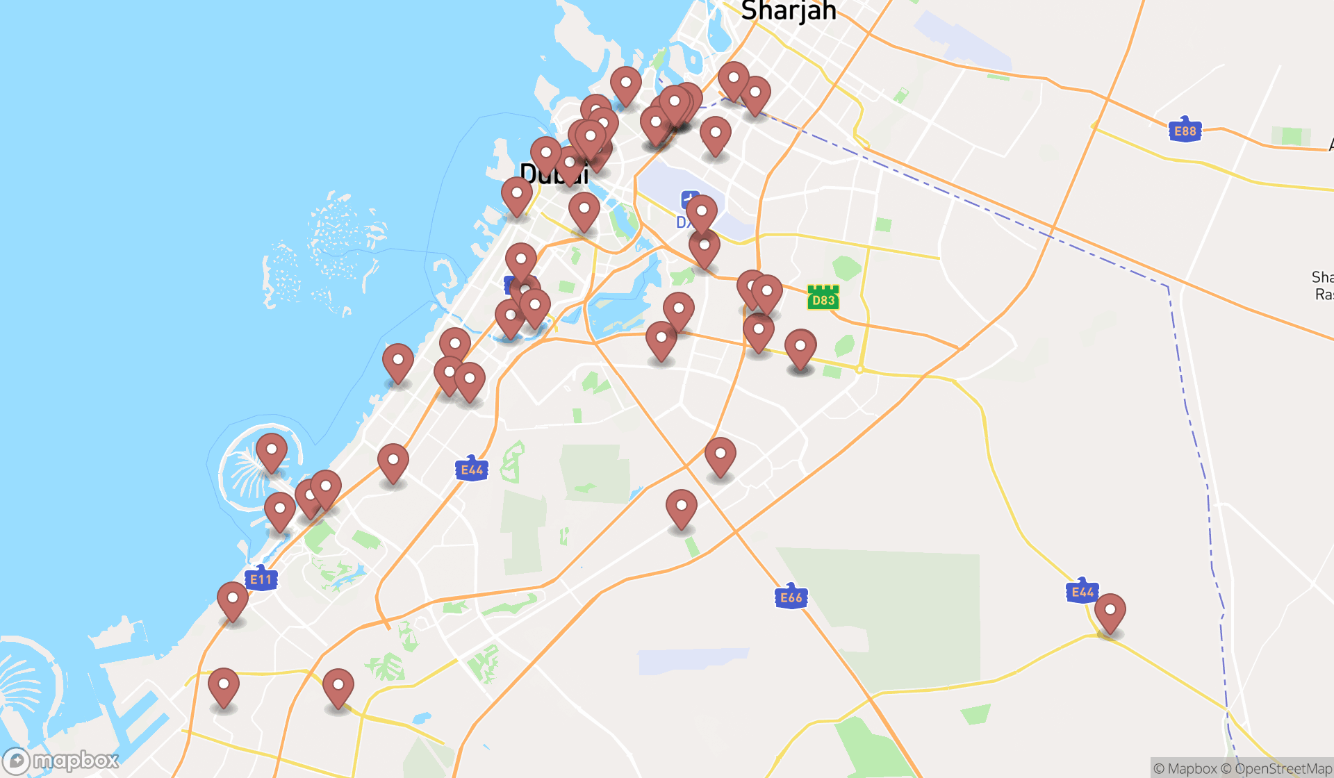 Map showing the search results in Dubai