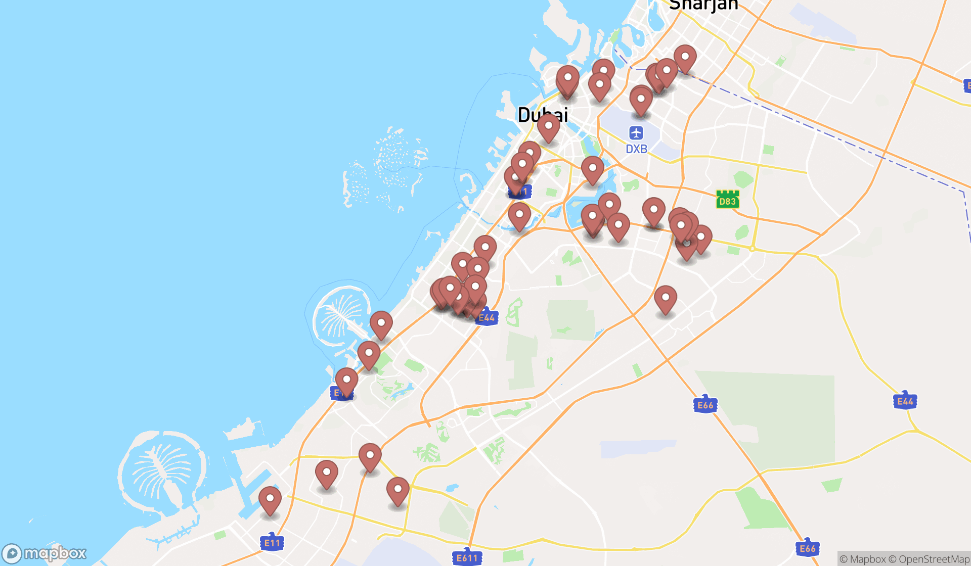 Map showing the search results in Dubai