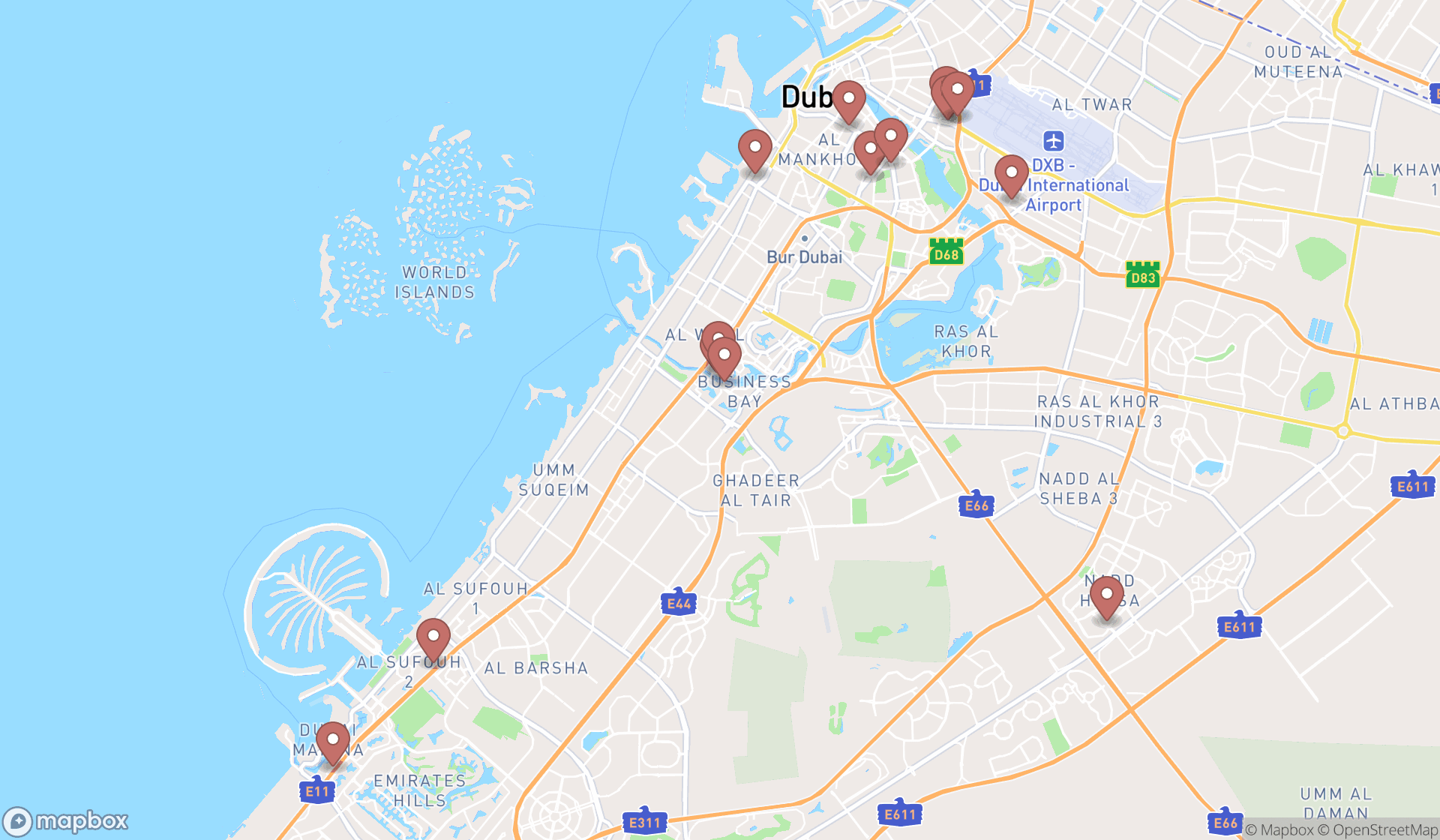 Map showing the search results in Dubai