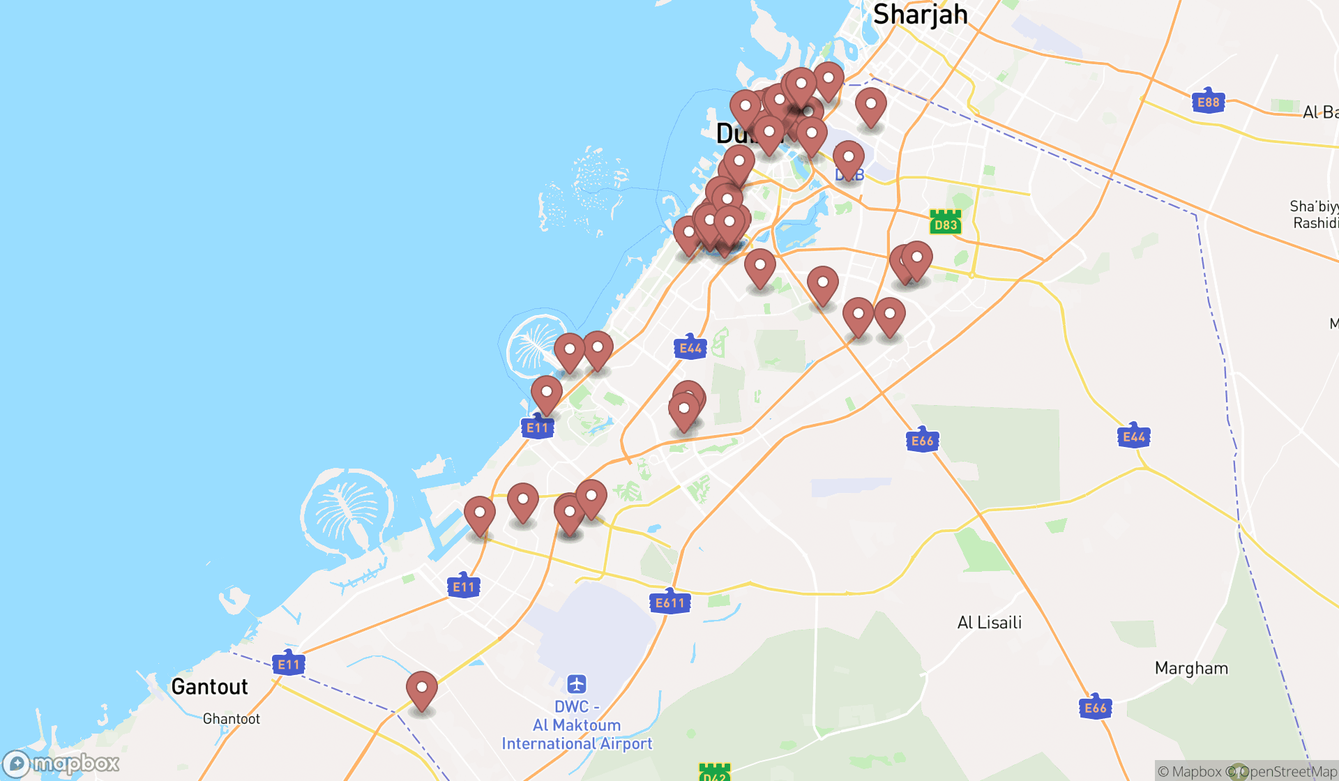 Map showing the search results in Dubai