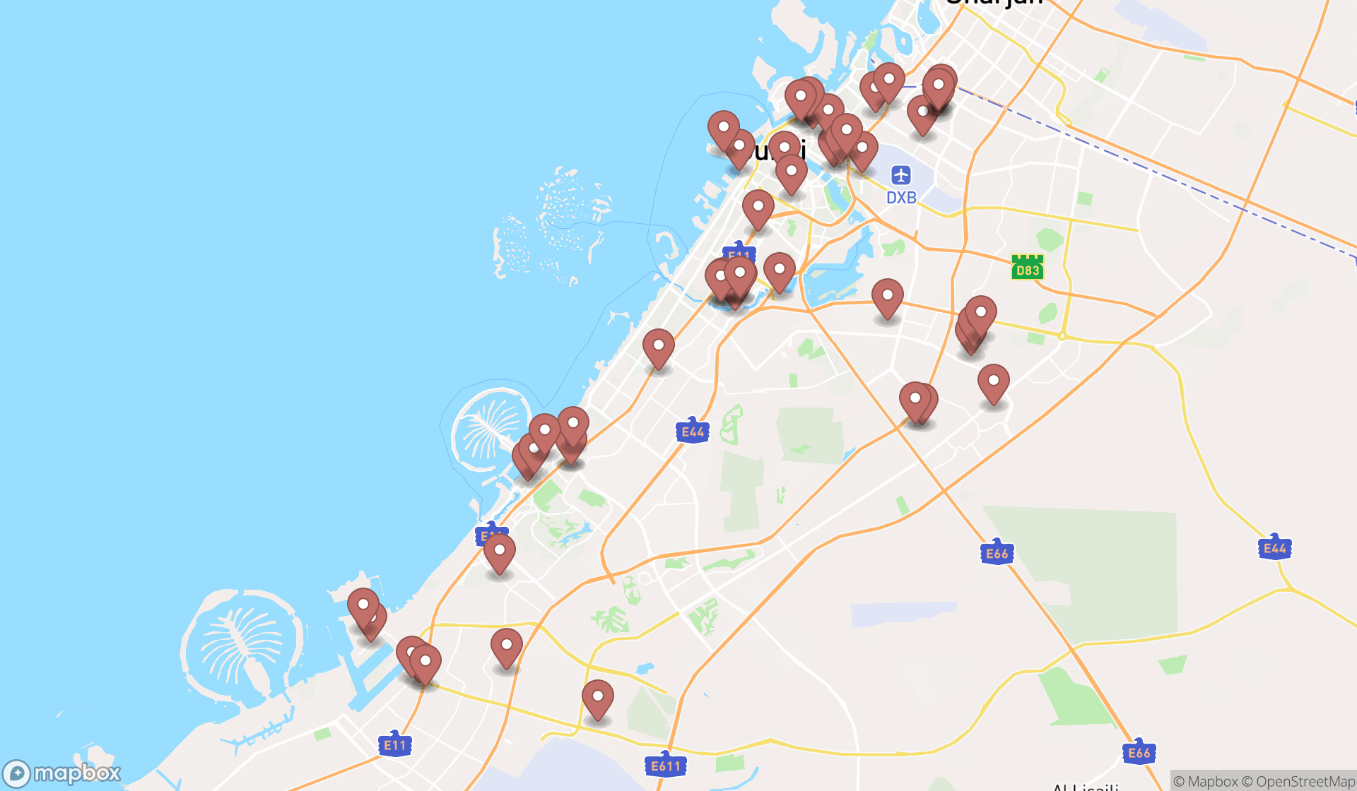 Map showing the search results in Dubai