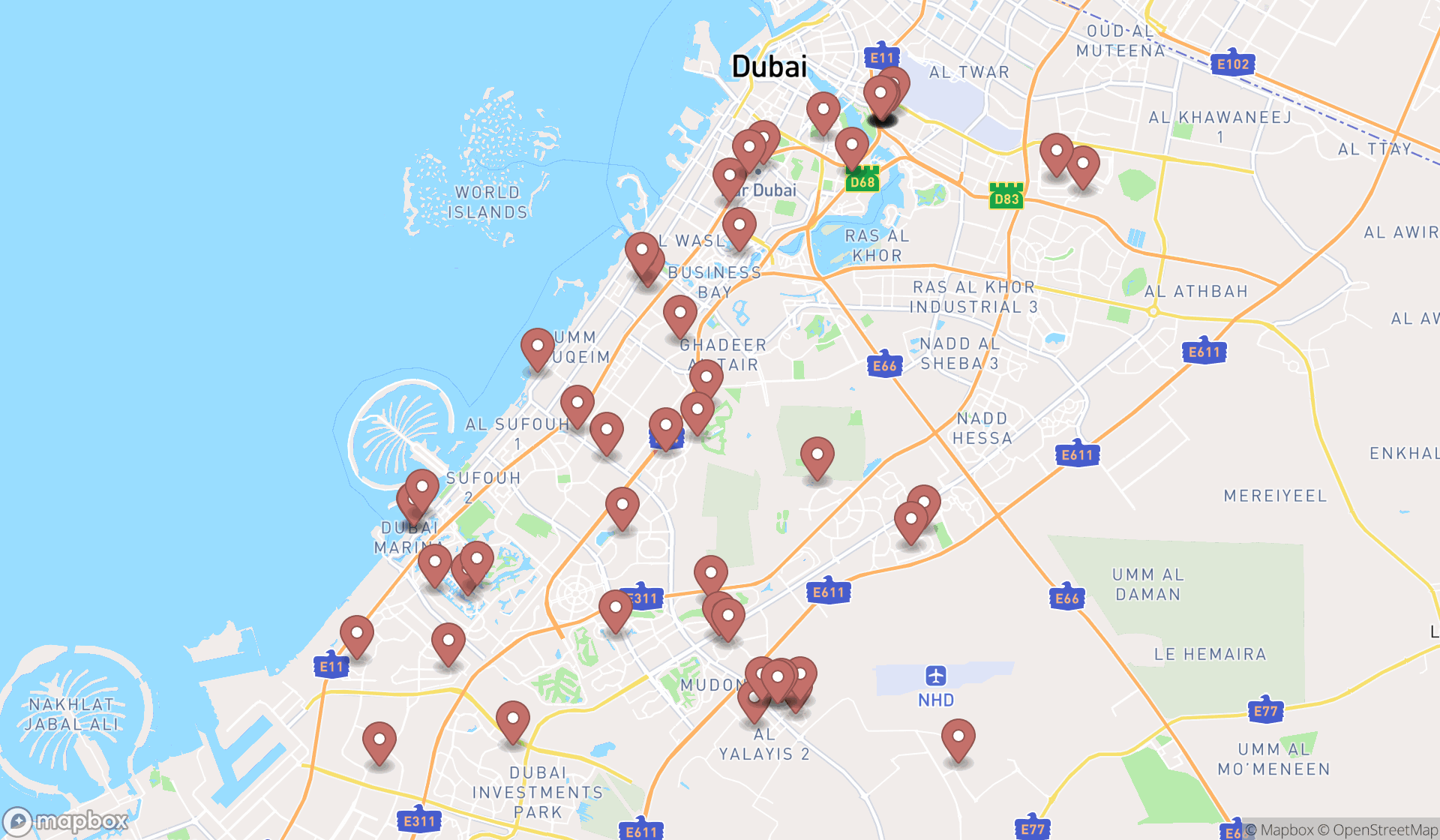 Map showing the search results in Dubai