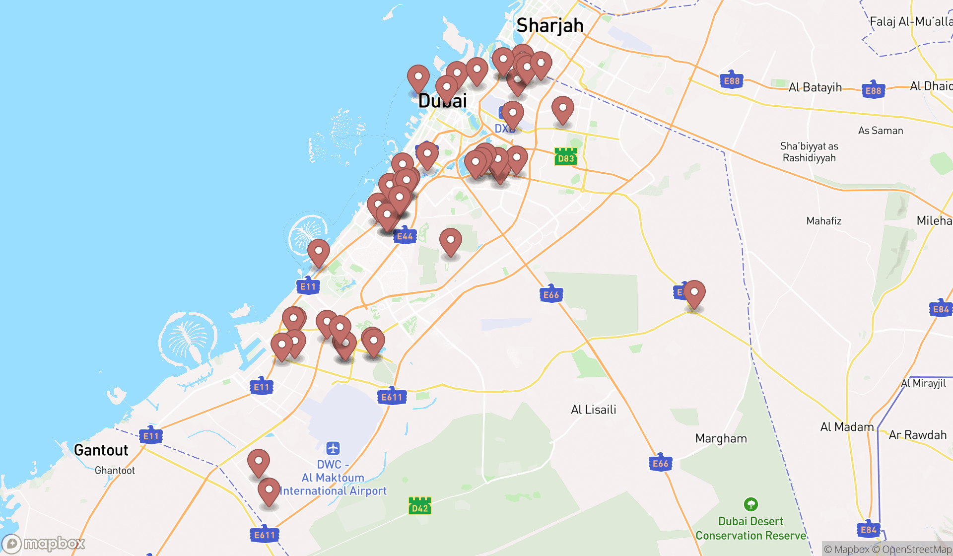 Map showing the search results in Dubai
