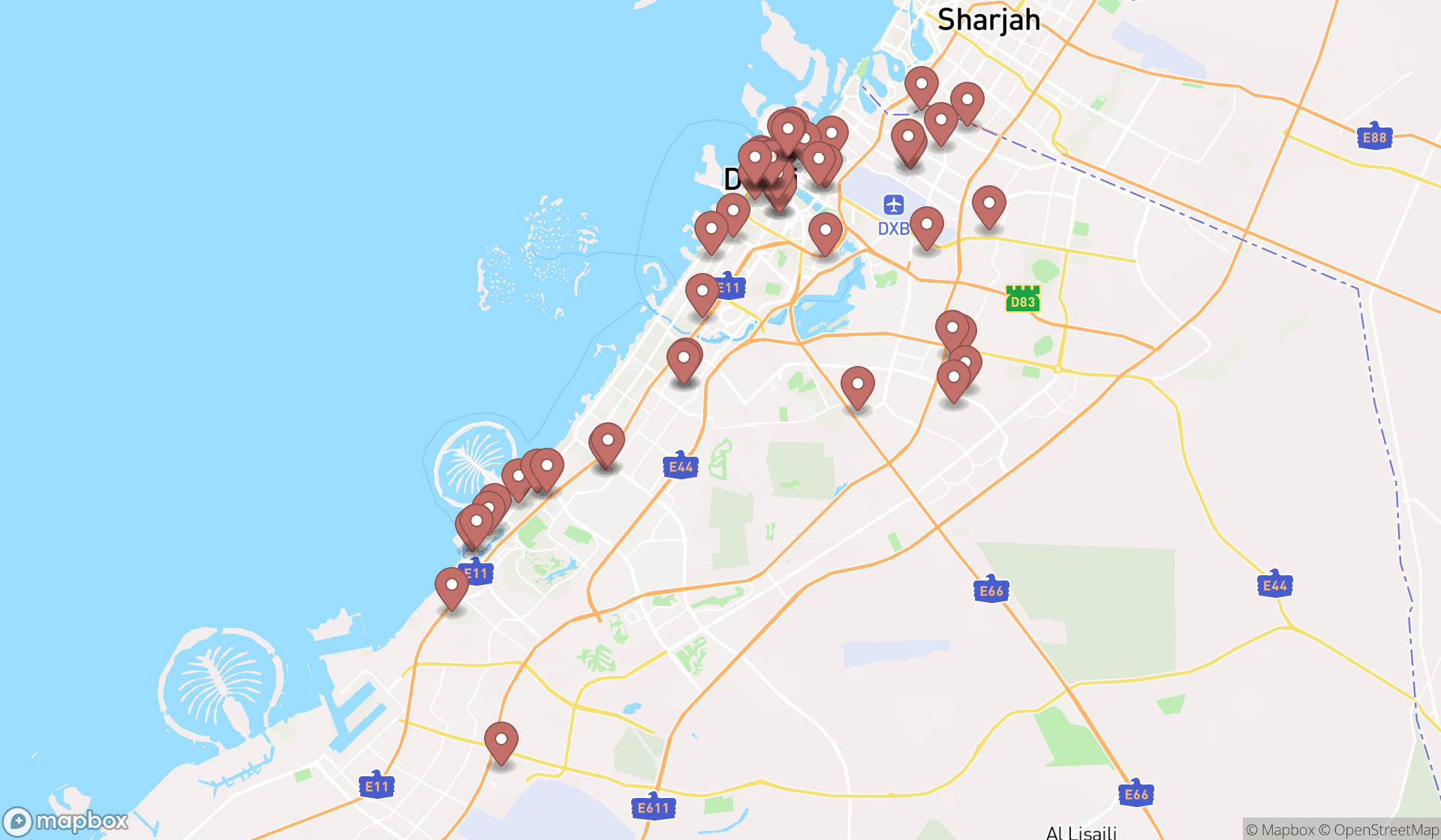 Map showing the search results in Dubai