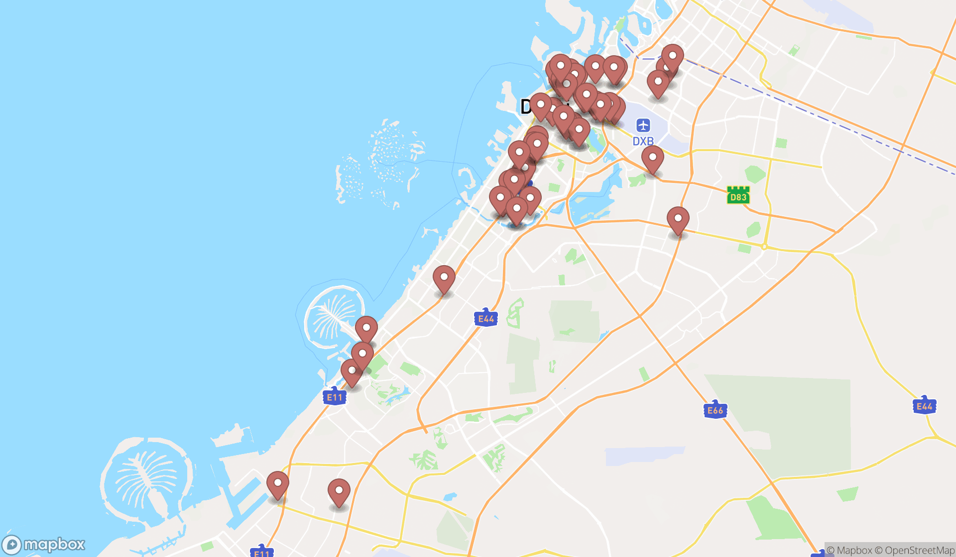 Map showing the search results in Dubai
