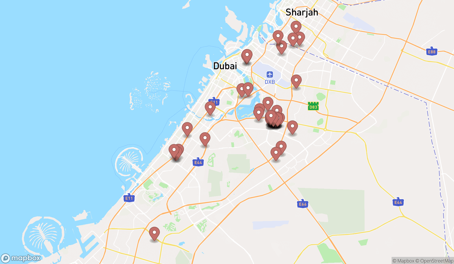 Map showing the search results in Dubai