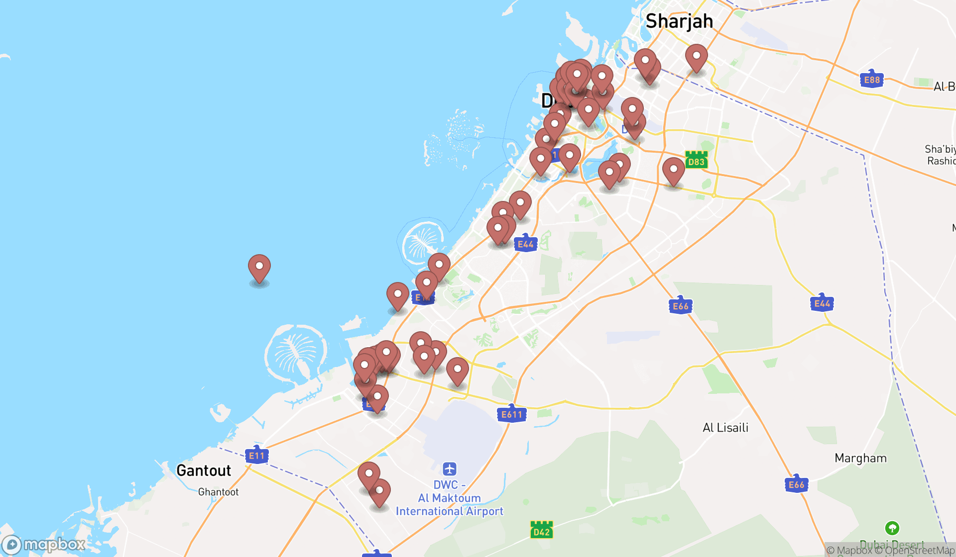 Map showing the search results in Dubai