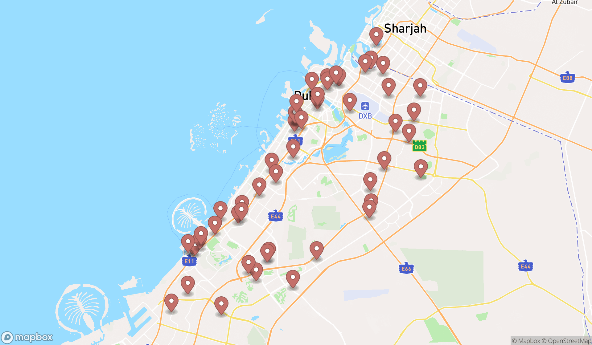 Map showing the search results in Dubai
