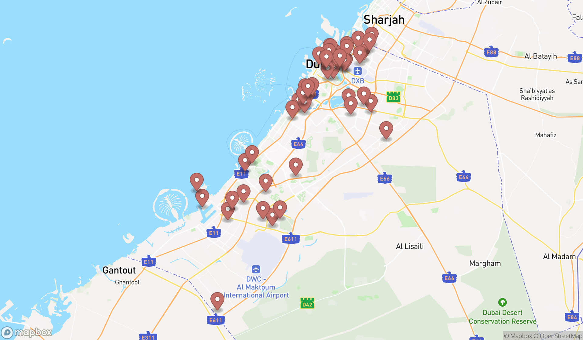 Map showing the search results in Dubai
