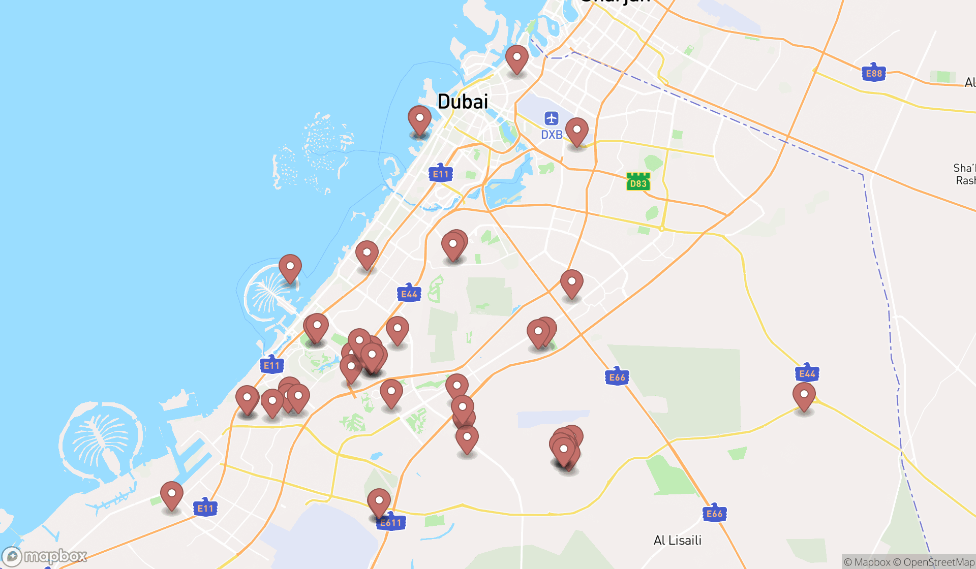 Map showing the search results in Dubai