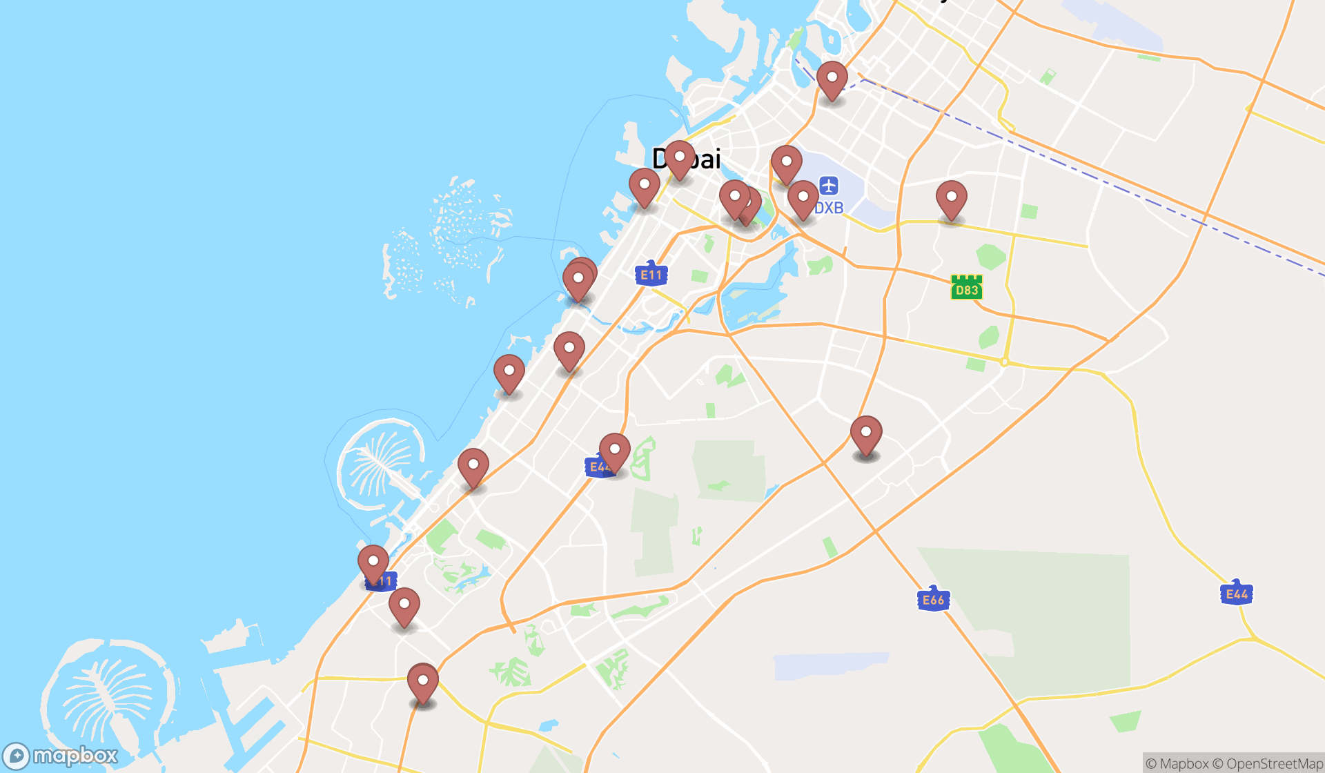 Map showing the search results in Dubai