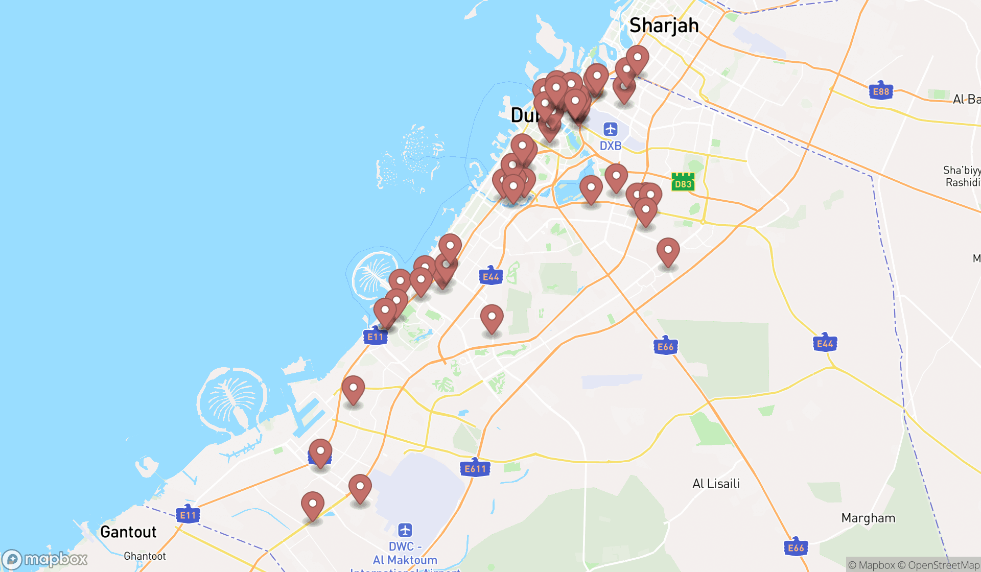 Map showing the search results in Dubai