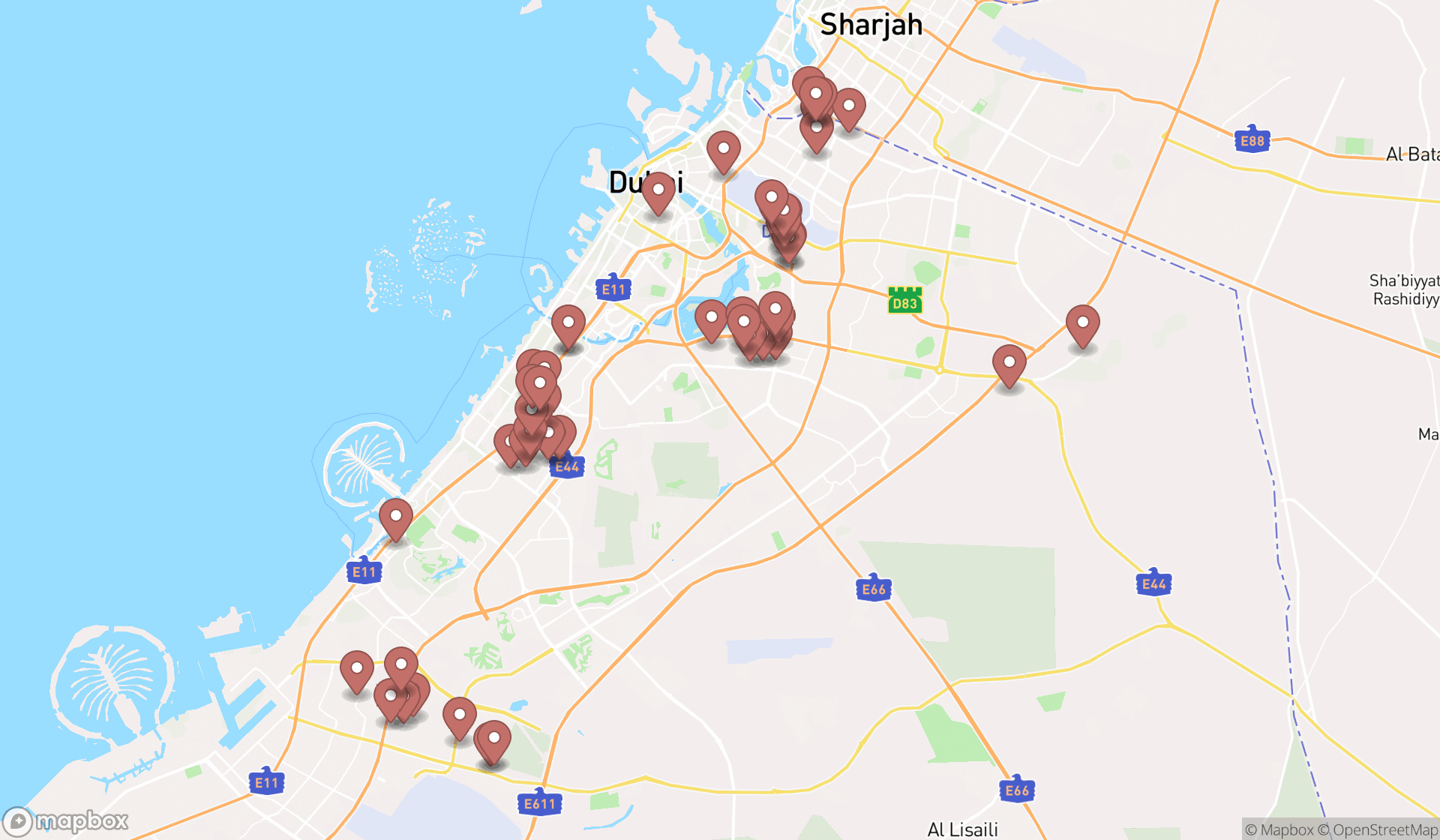 Map showing the search results in Dubai