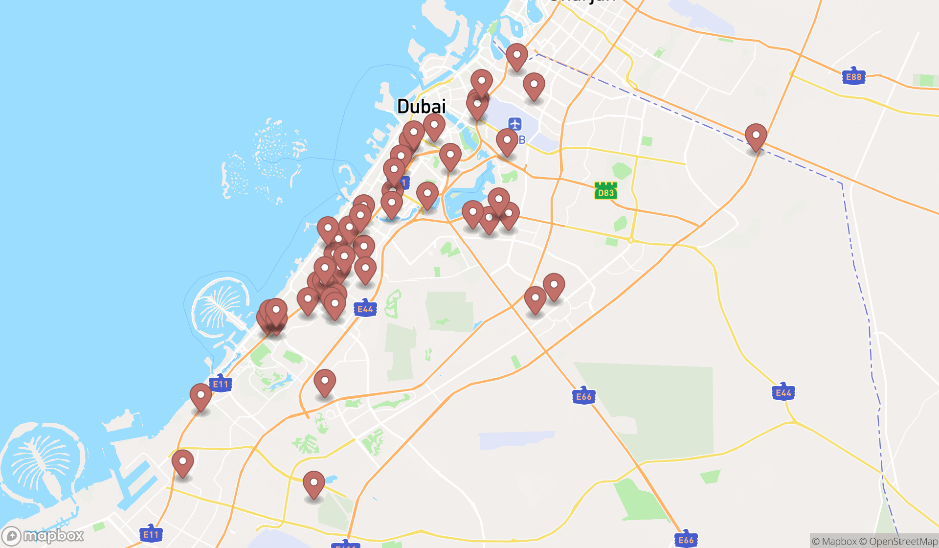 Map showing the search results in Dubai
