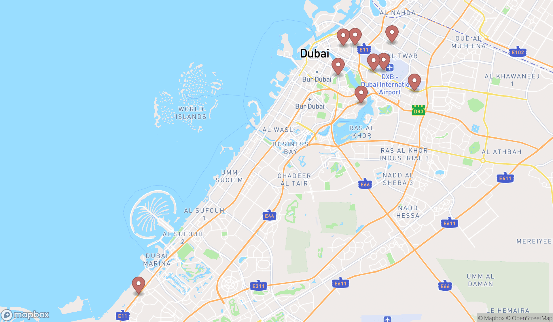 Map showing the search results in Dubai