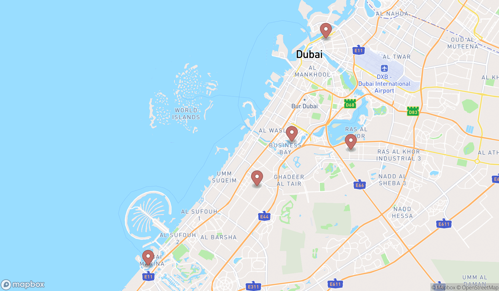 Map showing the search results in Dubai
