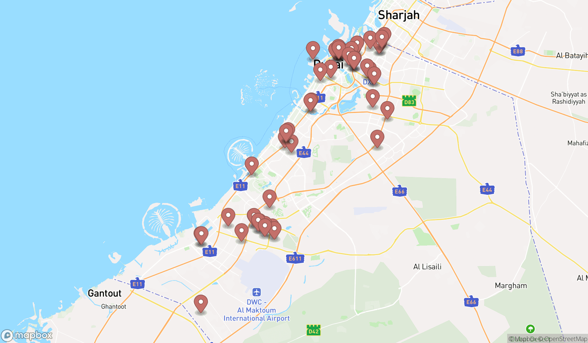 Map showing the search results in Dubai