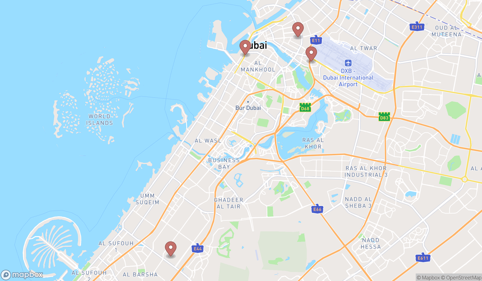 Map showing the search results in Dubai