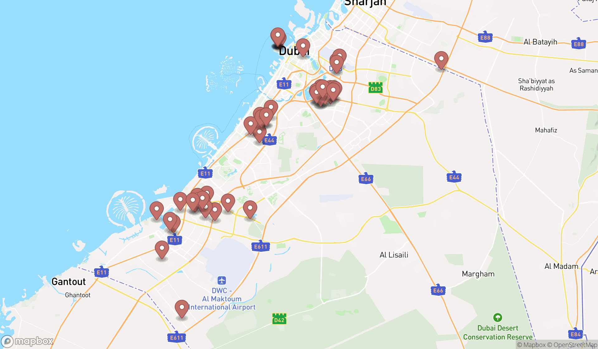 Map showing the search results in Dubai