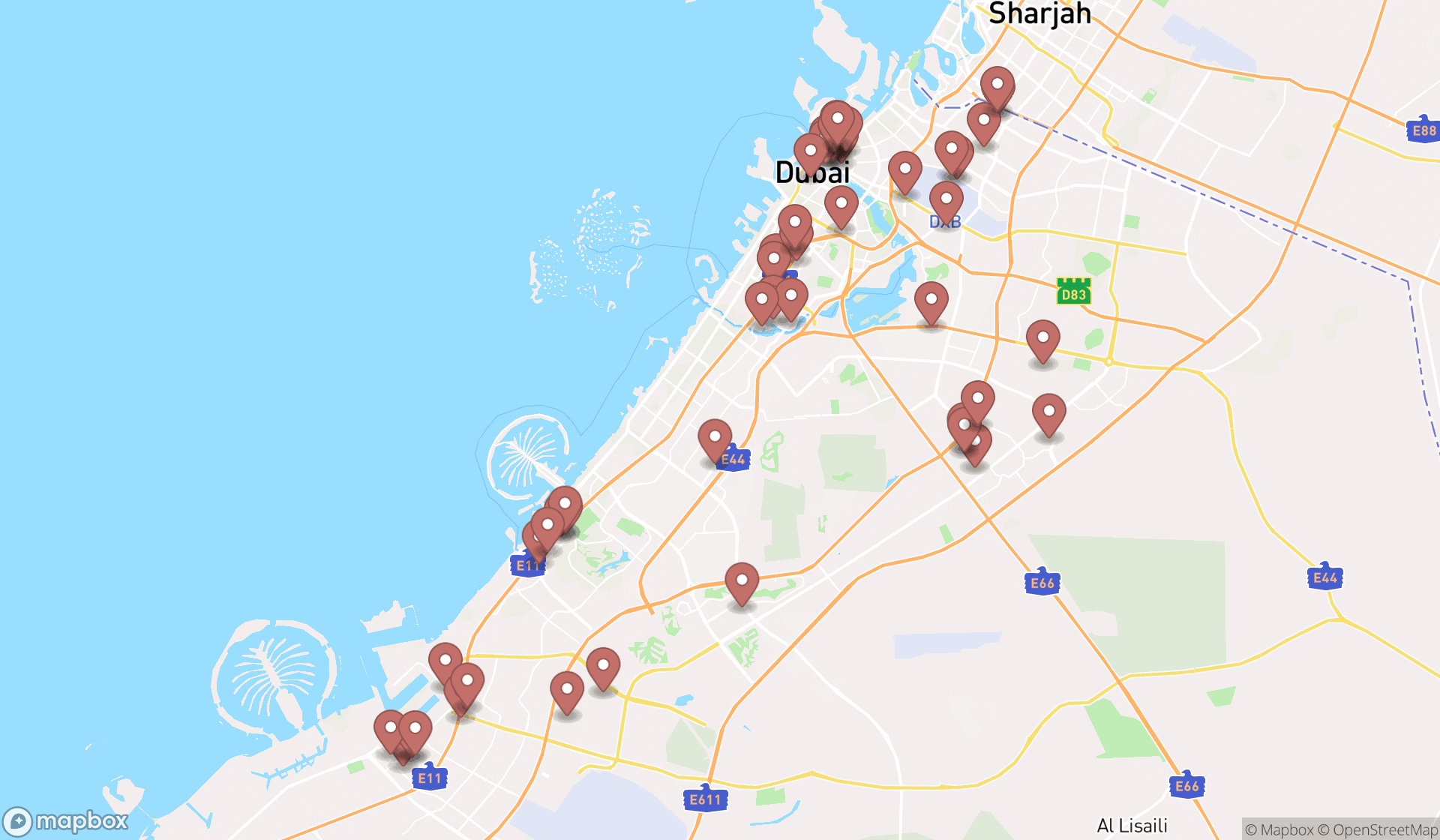 Map showing the search results in Dubai