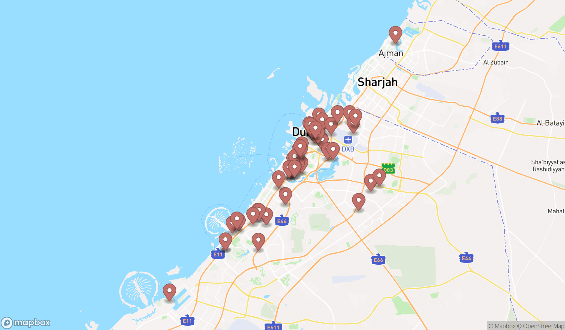 Map showing the search results in Dubai