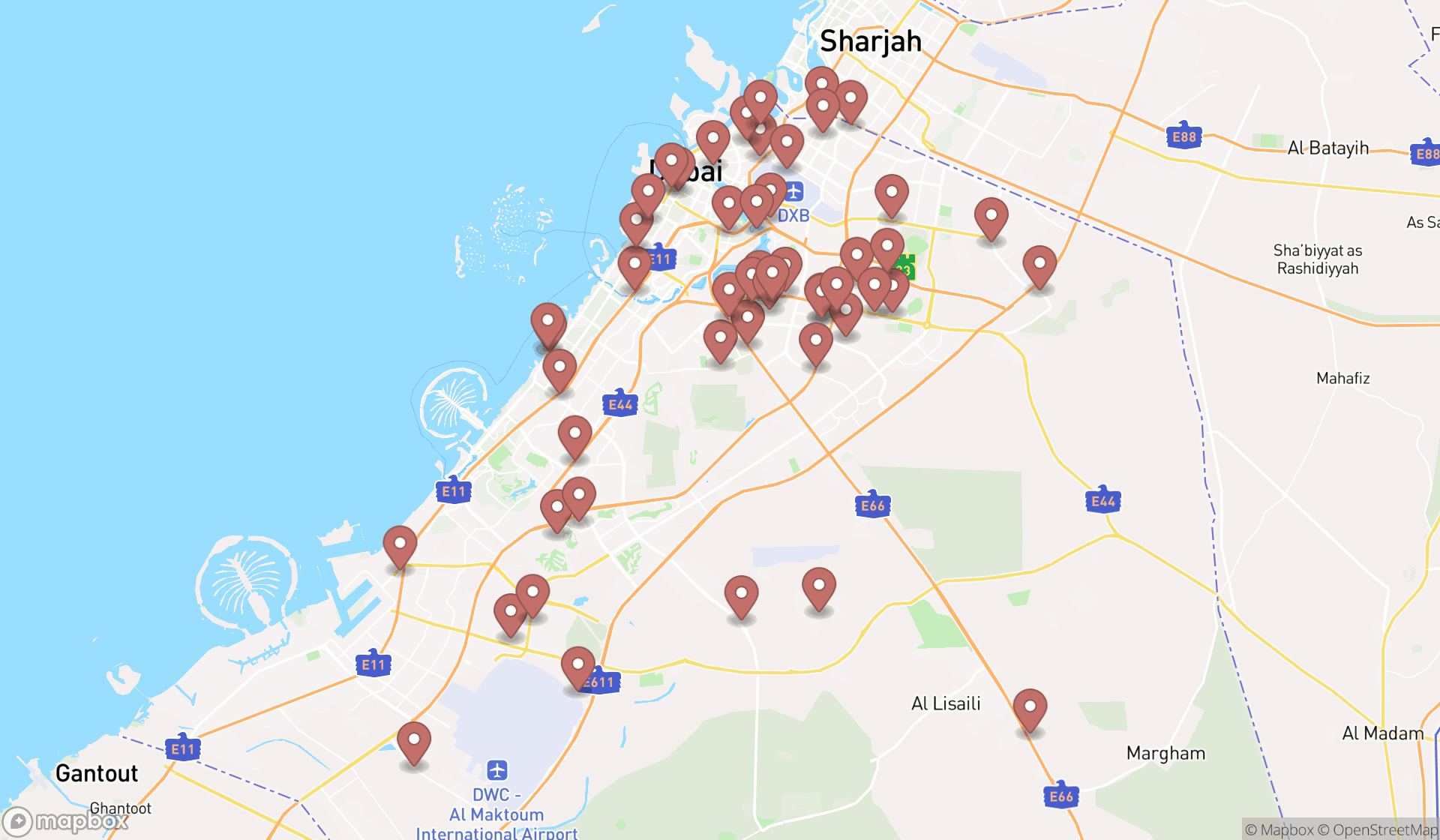 Map showing the search results in Dubai