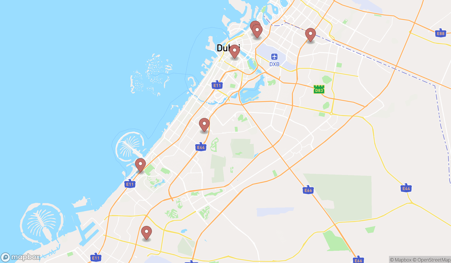 Map showing the search results in Dubai
