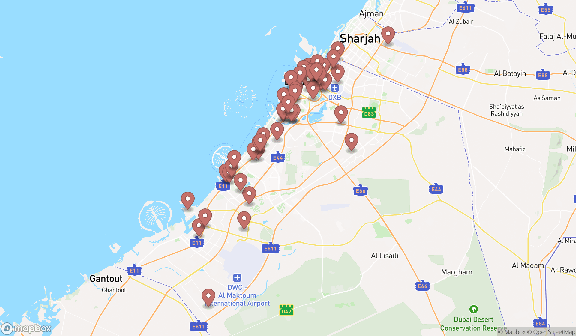 Map showing the search results in Dubai