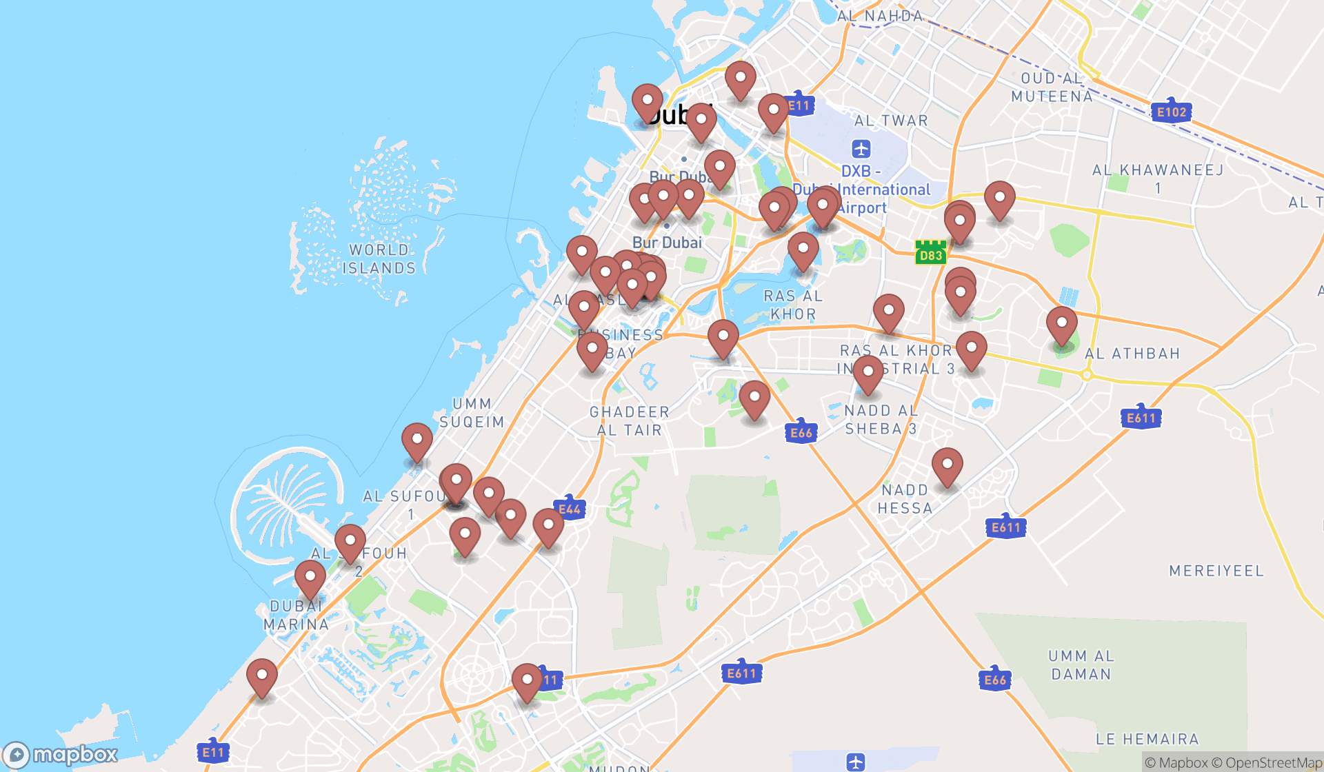 Map showing the search results in Dubai