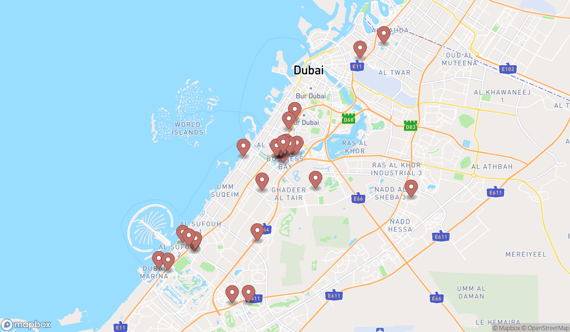 Map showing the search results in Dubai