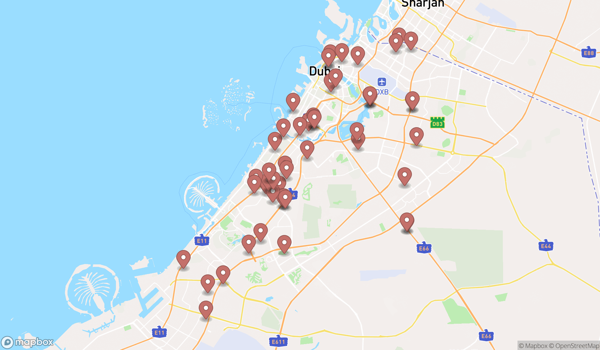 Map showing the search results in Dubai