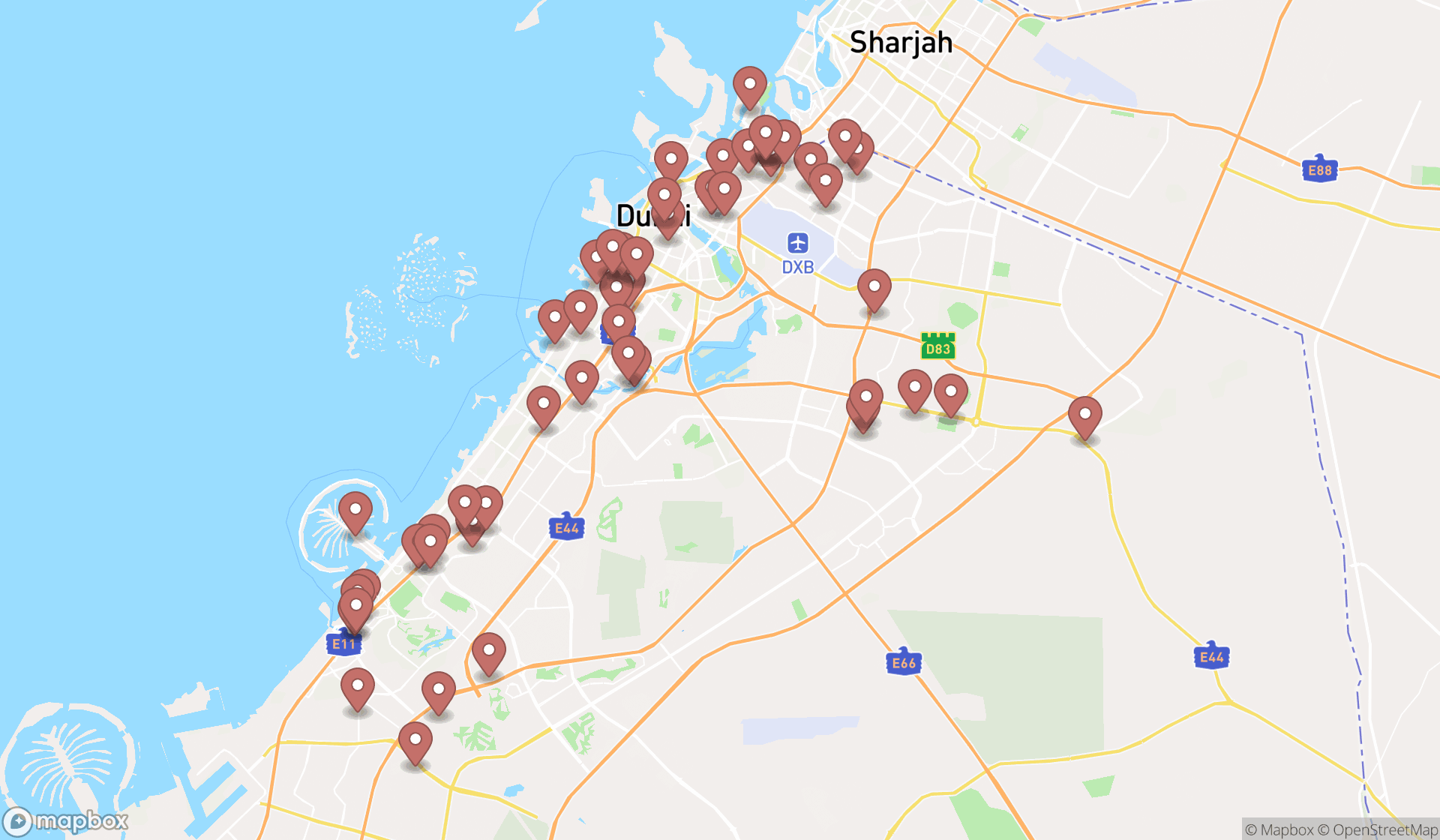 Map showing the search results in Dubai