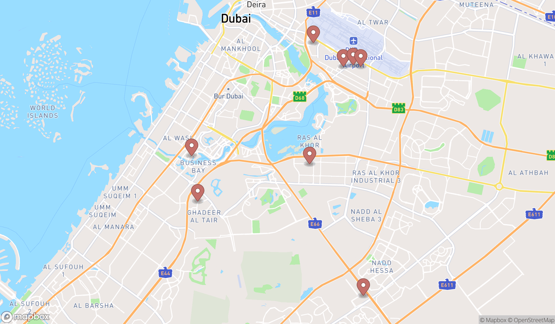 Map showing the search results in Dubai
