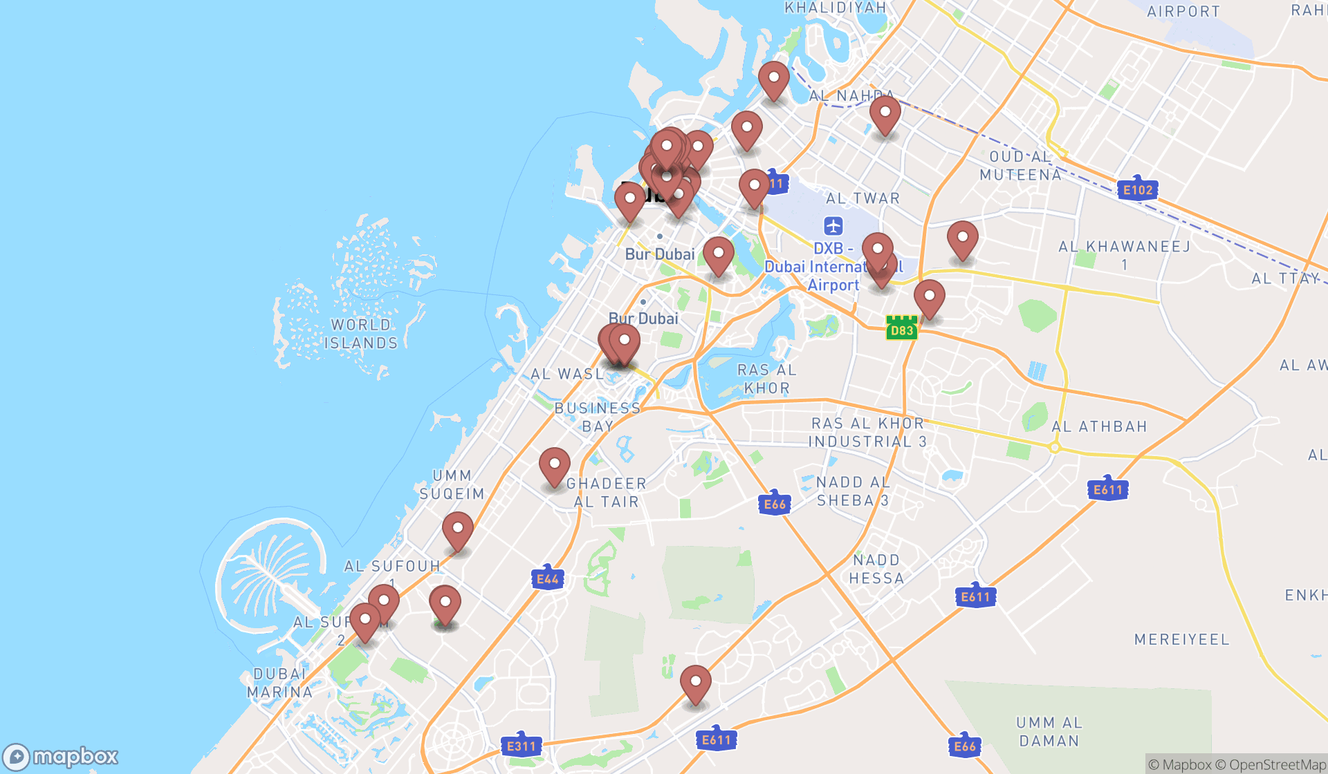 Map showing the search results in Dubai