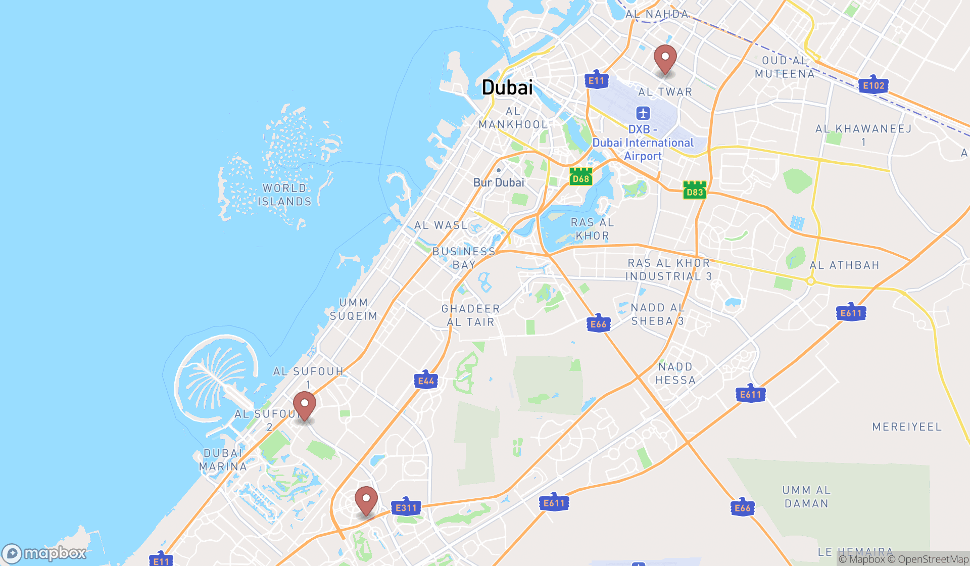 Map showing the search results in Dubai