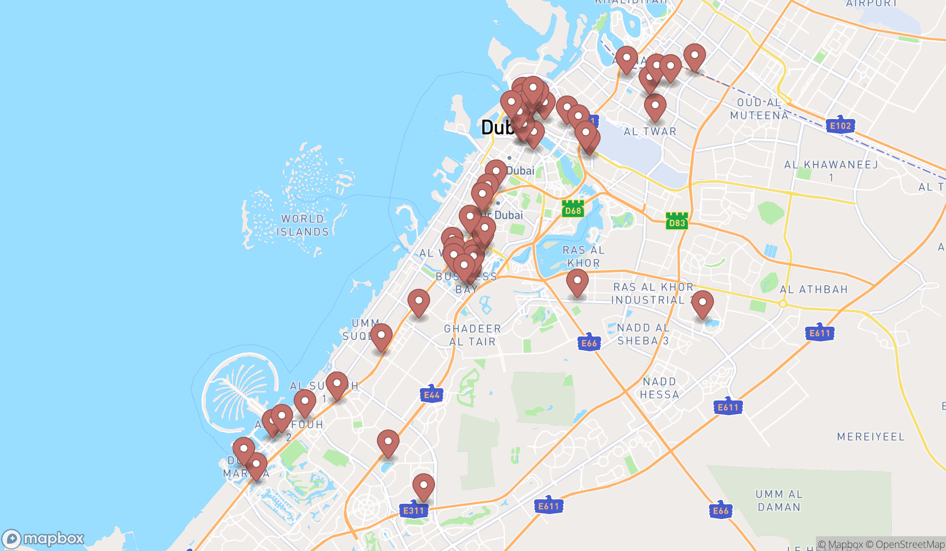 Map showing the search results in Dubai