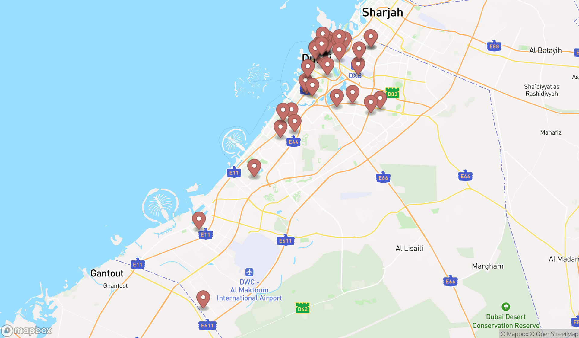Map showing the search results in Dubai