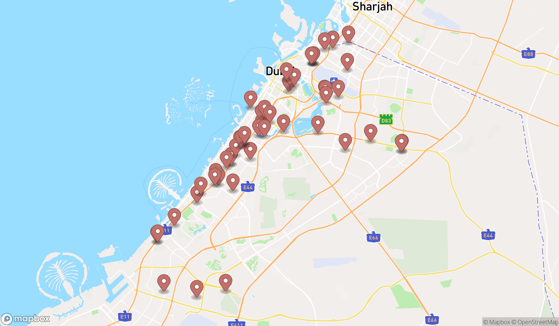 Map showing the search results in Dubai