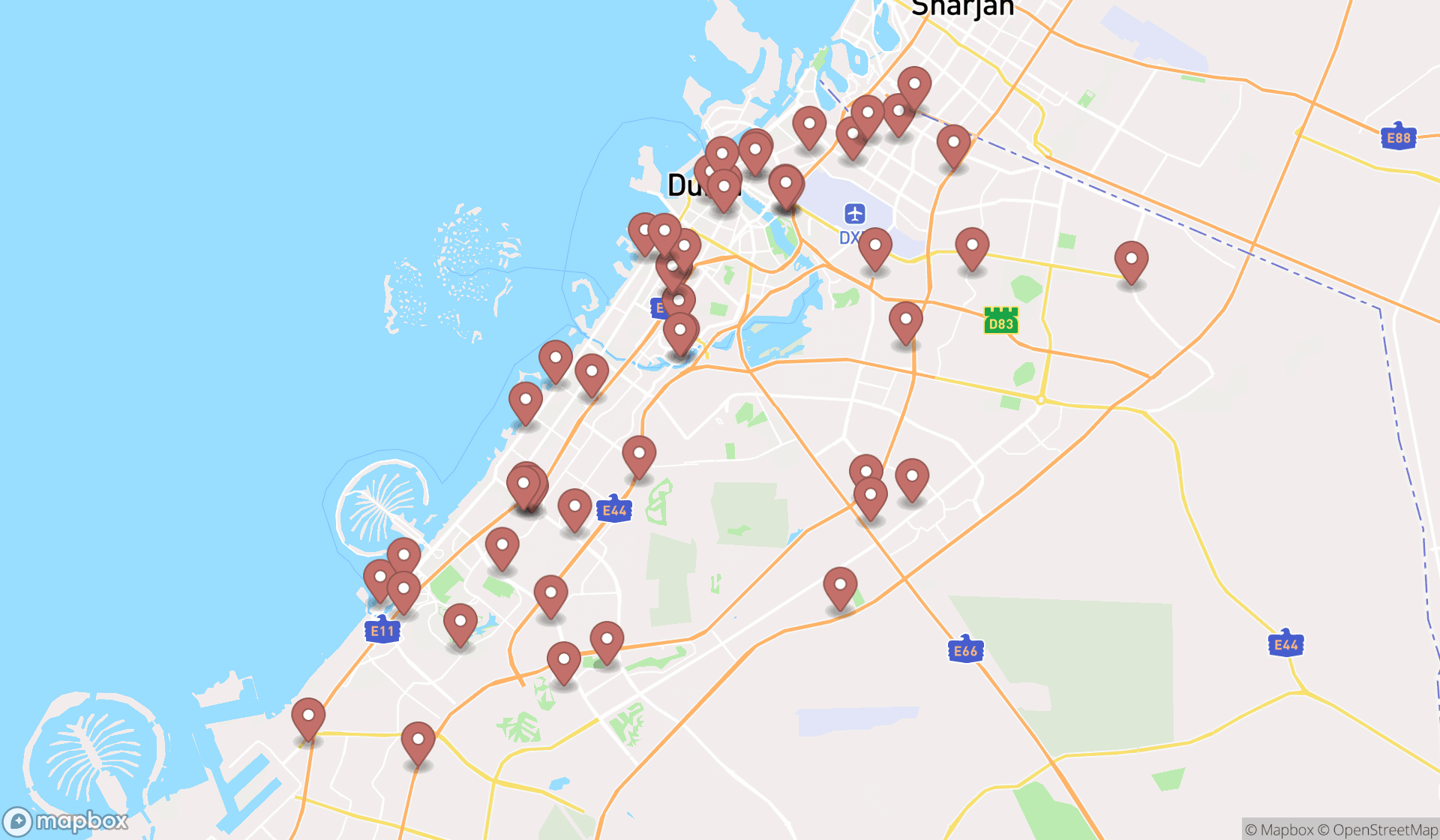 Map showing the search results in Dubai