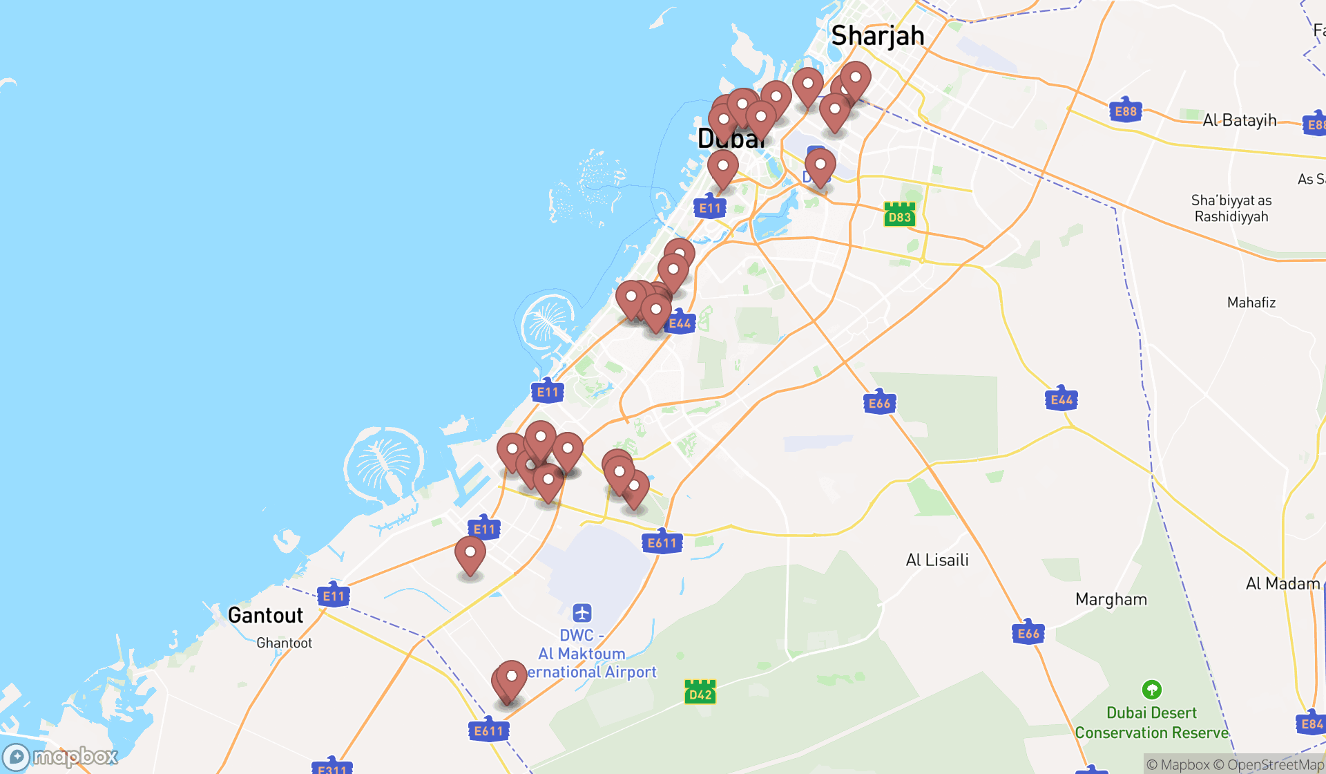 Map showing the search results in Dubai