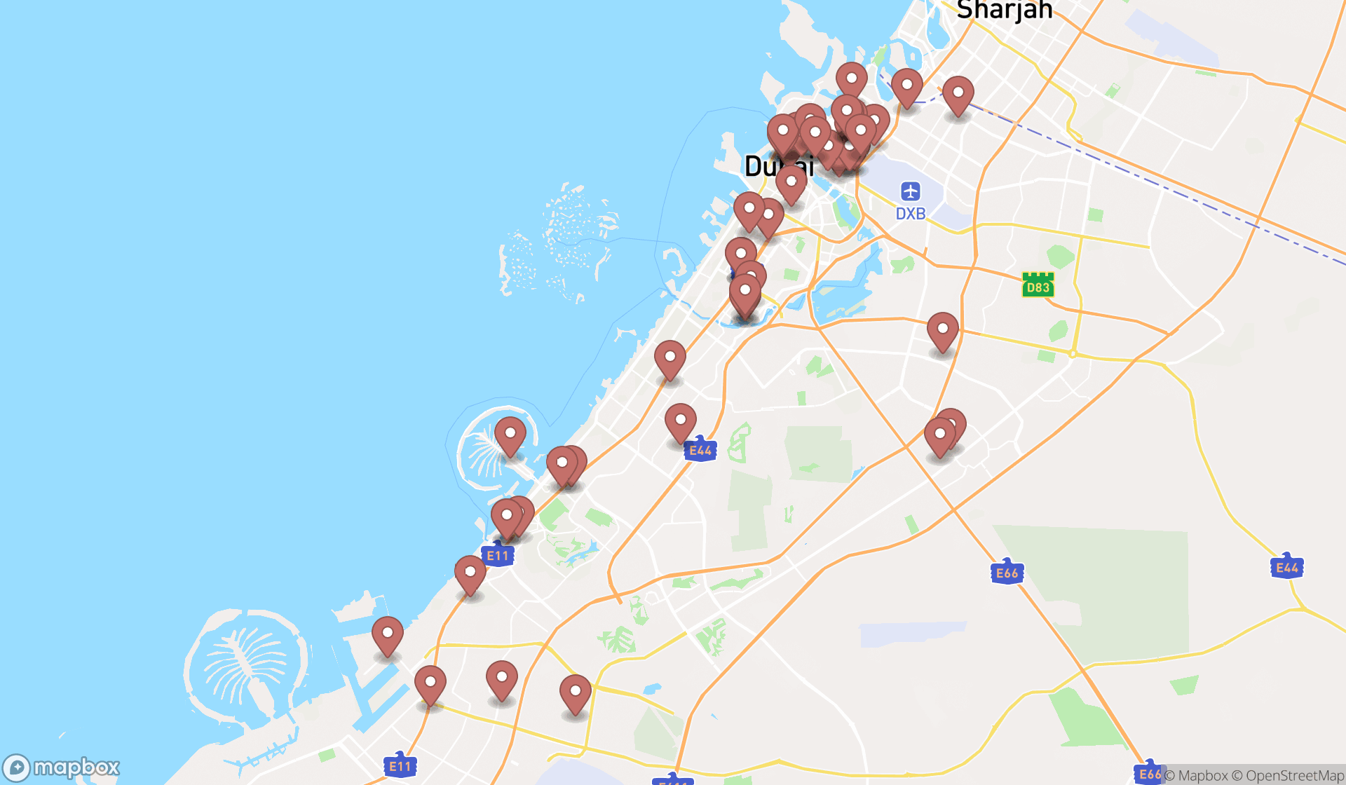 Map showing the search results in Dubai
