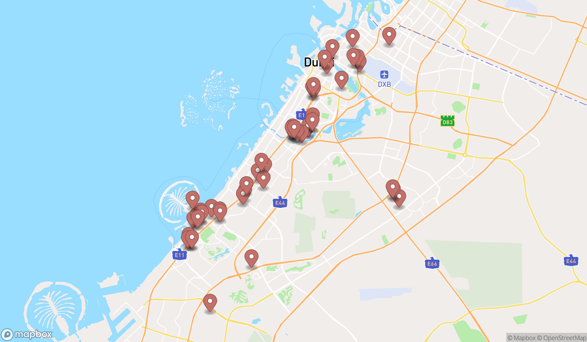 Map showing the search results in Dubai