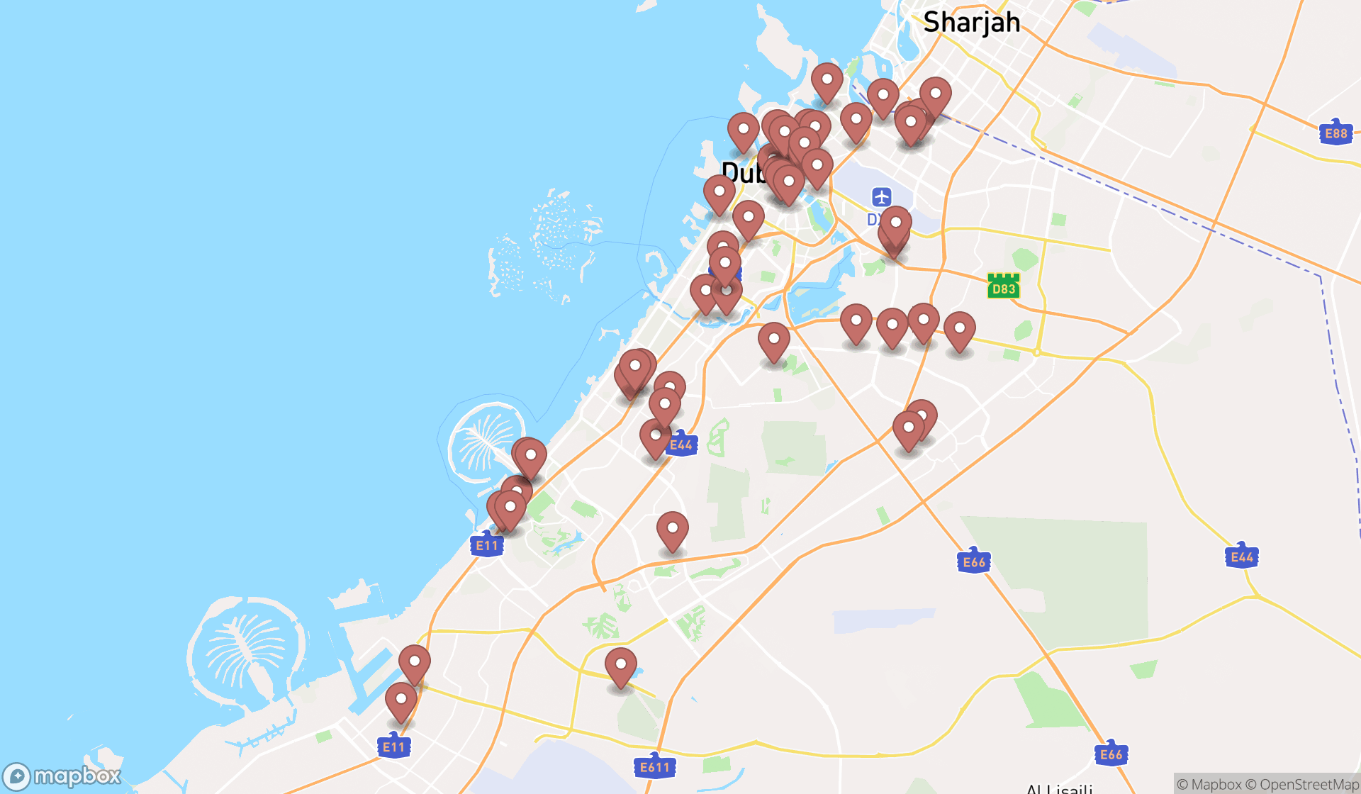 Map showing the search results in Dubai