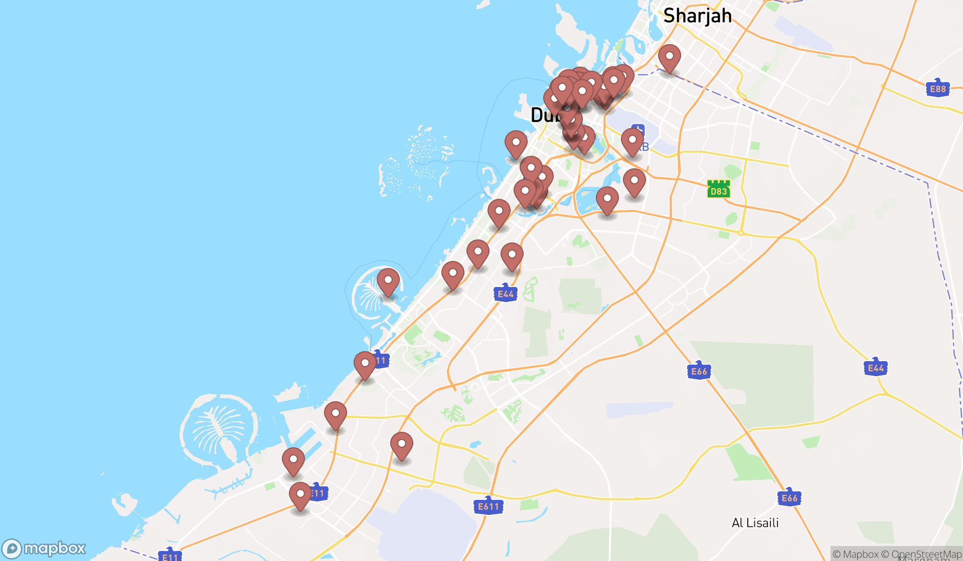 Map showing the search results in Dubai
