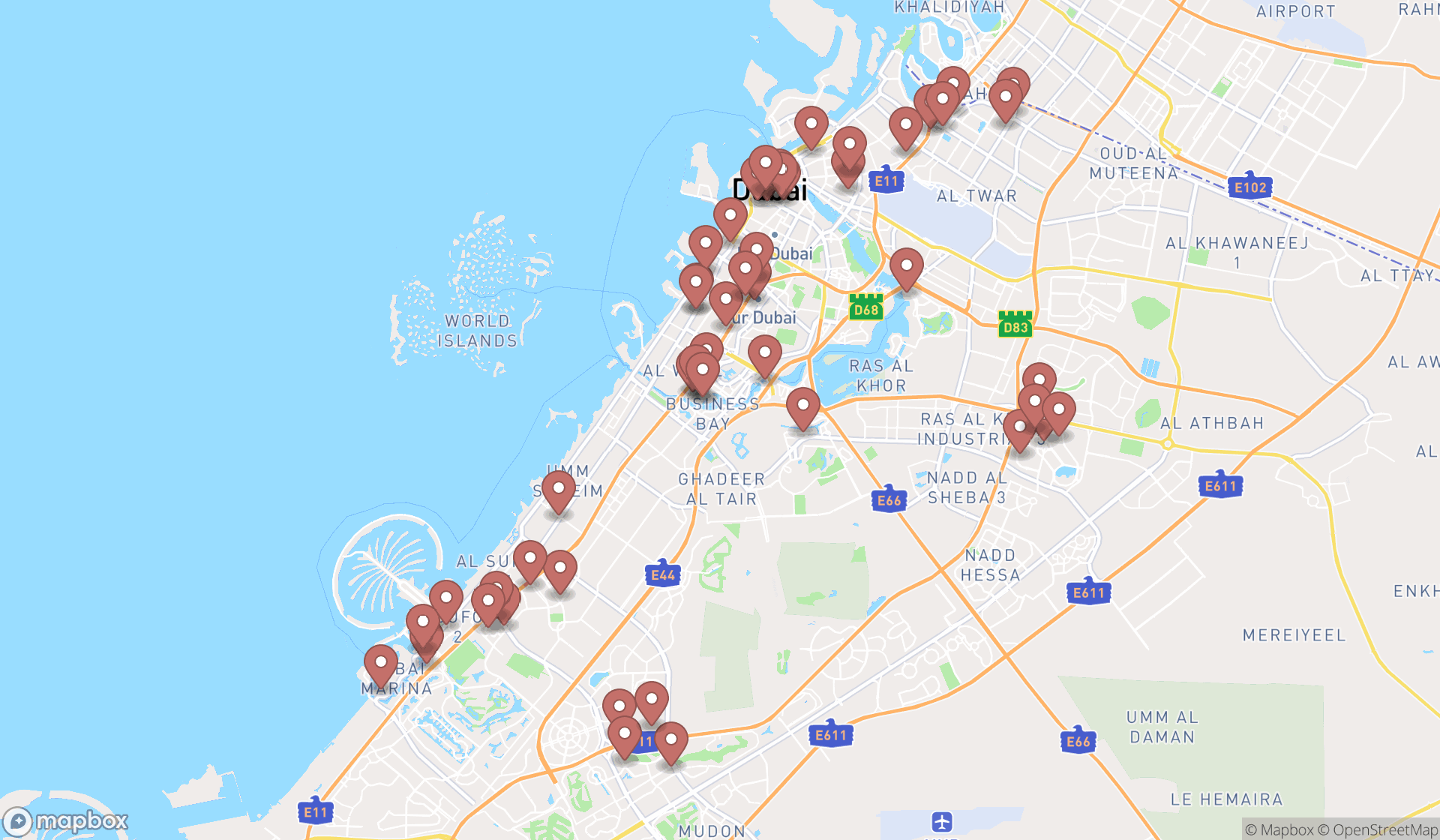 Map showing the search results in Dubai
