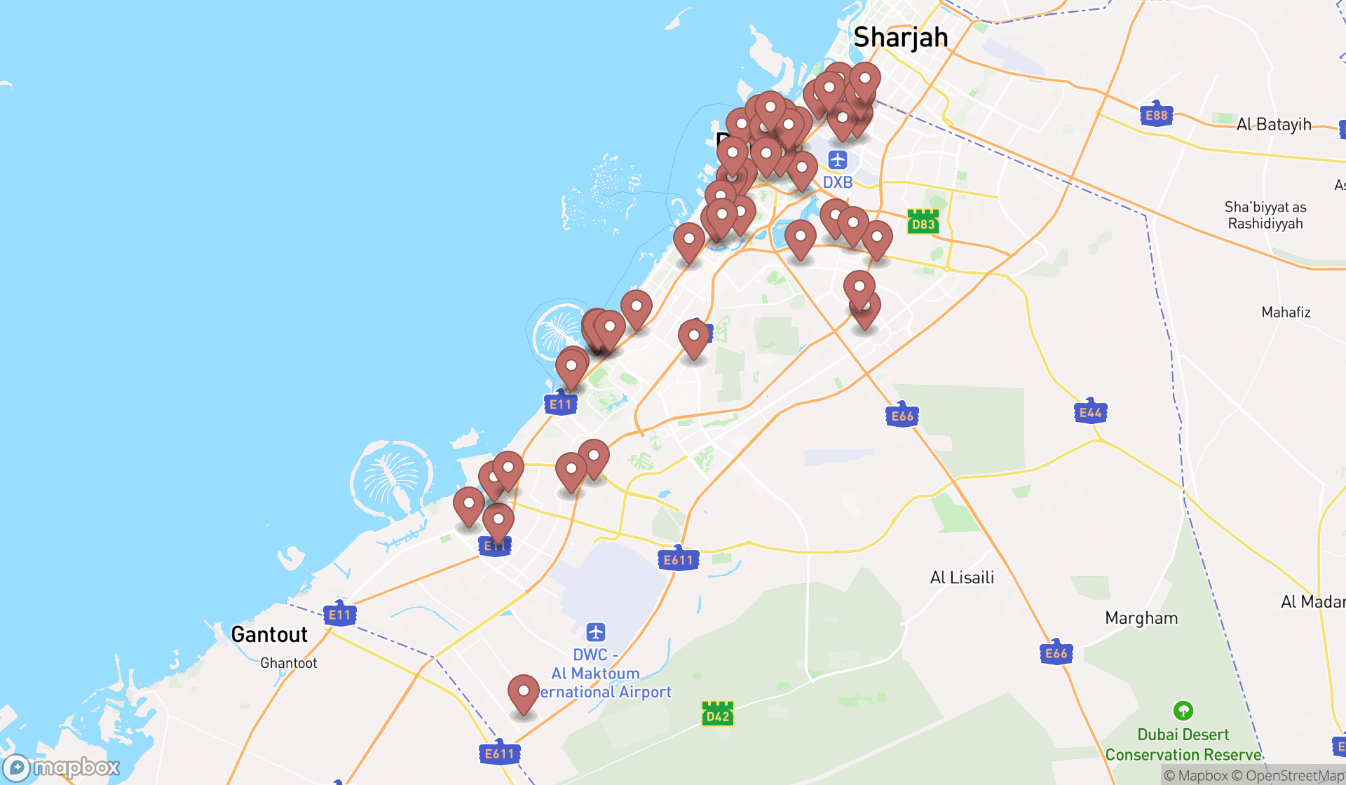 Map showing the search results in Dubai