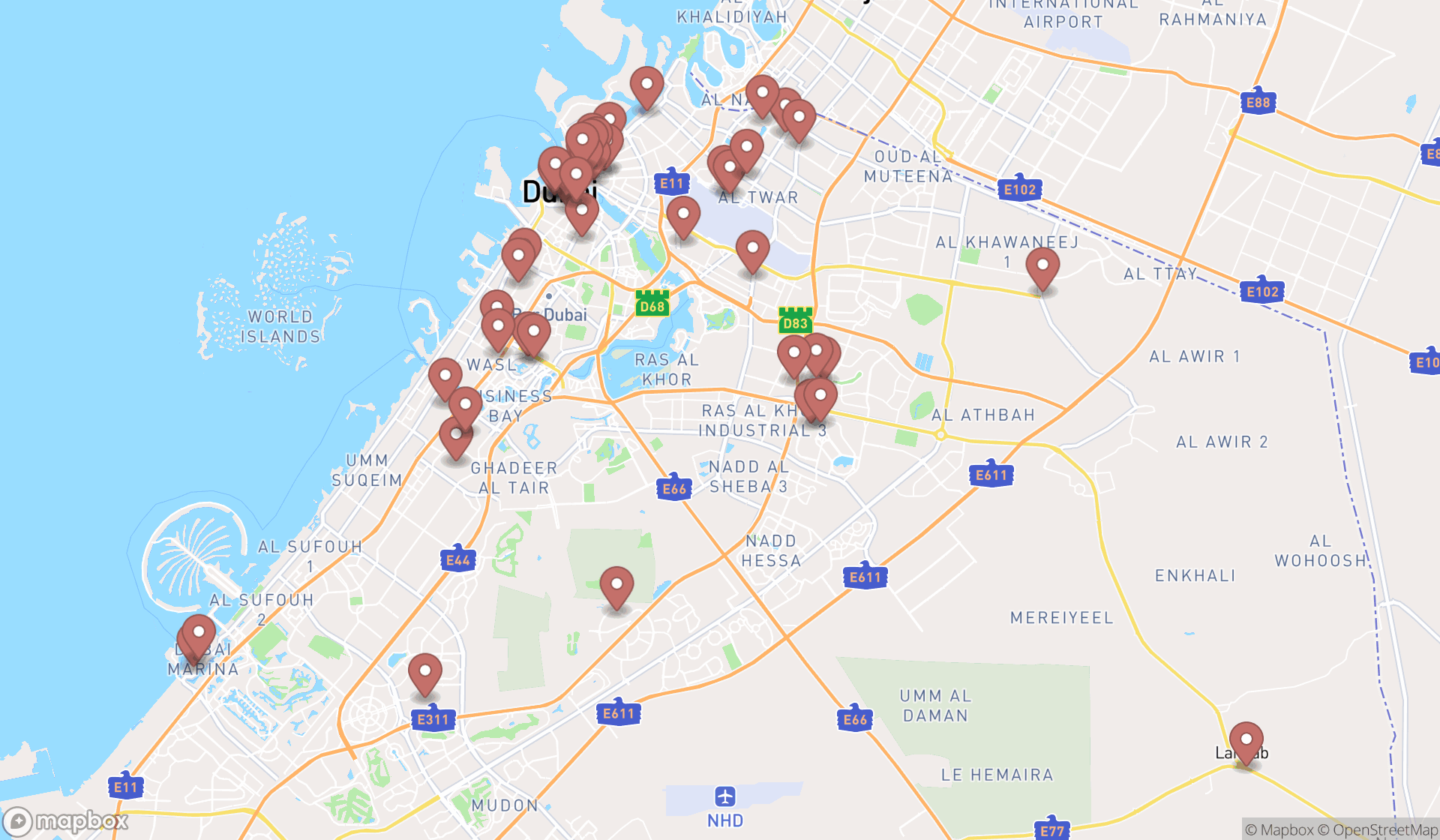 Map showing the search results in Dubai
